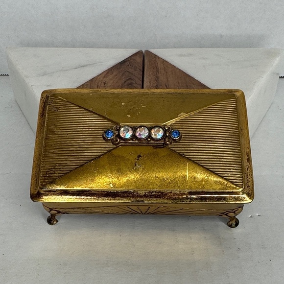 Estate Other - Estate Brass Jewelry Velvet Lined Casket with Gem Accents